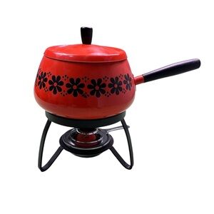 Vintage 70s fondue pot with stand mid-century orange aluminum with flowers